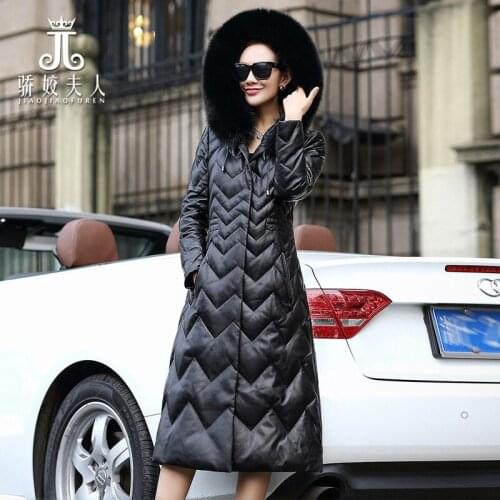 Genuine Leather Winter Warm 90% Duck Down Jacket Sheepskin Coat For Women Long Parka Real Fox Fur Collar LX2496