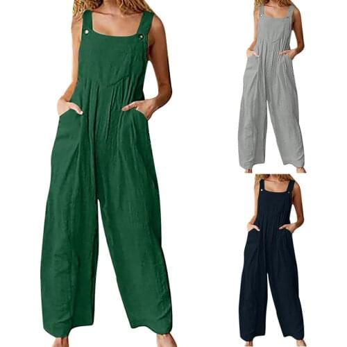 Women Strap Loose Jumpsuit Summer Casual Wide Leg Pants Solid Dungaree Bib Overalls Sleeveless Oversized Cotton Linen Jumpsuits