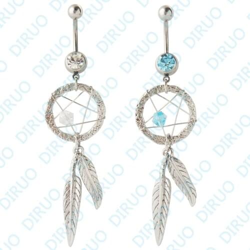 2 Colors Crystal Gem Big Dream Catcher Dangle Belly Navel Barbell Button Bar Ring Bory art Body Jewelry
