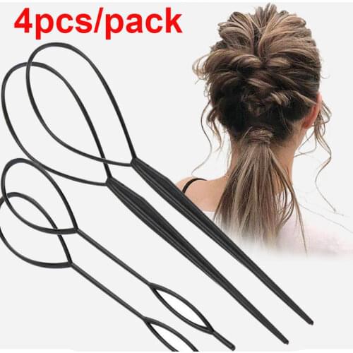 4pcs Black Hair Puller Topsy Tail Braid Hair Styling Tools Ponytail Creator Bridal Curly Hair Maker Plastic Loop Accessories