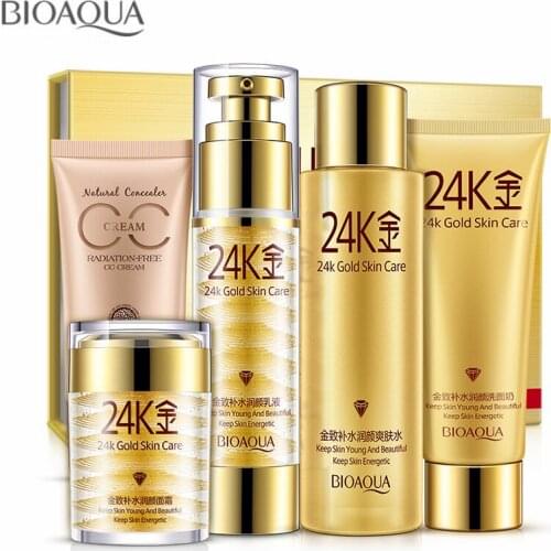 5Pc 24K Gold Whitening Cream Skin Care Set Moisturizing Essence Lotion Toner Cleanser CC Cream Face Lift Firming Cream Face Care