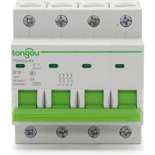 Curve B 4 Pole DIN Rail Miniature Circuit Breaker 6A 10A 16A 25A 32A 40A 63A MCB 4.5KA AC 110V/230V/400V With CE Certificate