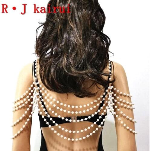 New RJPE15 Fashion Women Handmade Imitation Pearls Chains Jewelry White Plastic Pearls Top Costume Neck Shoulder Jewelry 2Colors