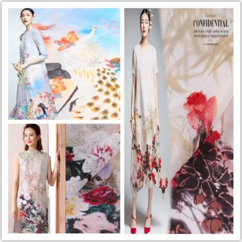 Digital printing silk linen mulberry silk fabrics of flax fabric silk hemp qipao dress cloth in summer