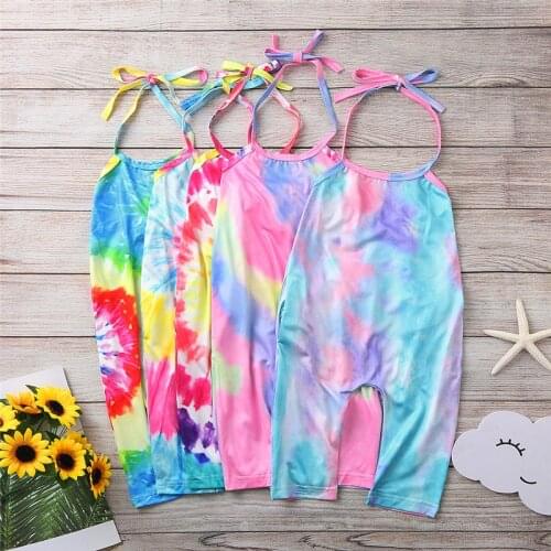 2020 Summer Children Kids Baby Girls Sleeveless Halter Tie Dye Floral Print Romper Jumpsuit Overalls Infant Girls Cotton Clothes