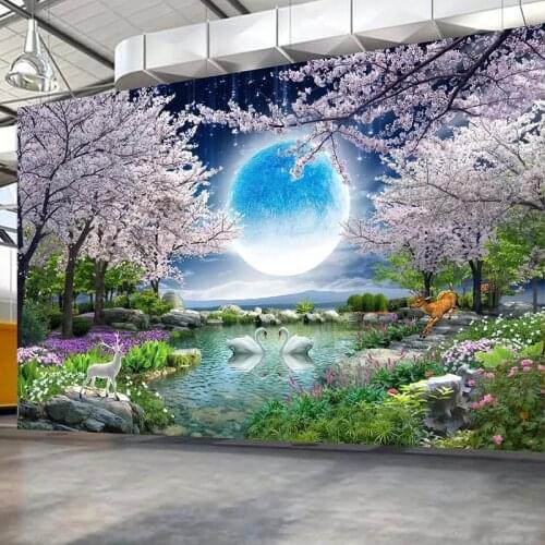 Custom Mural Wall Paper Moon Cherry Blossom Tree Nature Landscape Wall Painting Living Room Bedroom Photo Wallpaper Home Decor