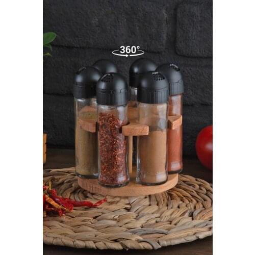 Storage Spice Jars Organizer Rotating Container Set of 7 Glass Storage Jars With Wooden Stand Black Lid Spice Sugar Rice Holder