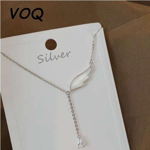 VOQ 925 Sterling Silver Delicate Angel Wing Shell Charm Necklace with Zircon Tassel Chain Pendant Clavicle Chain Necklace