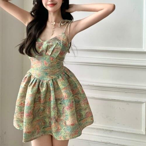 Summer Sexy Floral Strap Dress Elegant Sweet Kawaii French Vintage Slim Dress Female Chic Backless Lace Up Party Dress 2021