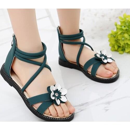 Fashion new Girl Sandals Summer Shoes Cute Flower Roman Shoes White Green Pearl Beading Open-toe Kids Girls Beach Sandals Kids