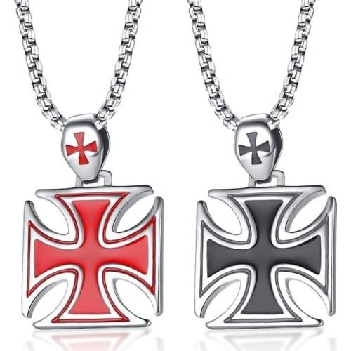 Mens Maltese Cross Knight of The Templar Necklace Stainless Steel Crusader Male Jewelry with 24" Box Chain