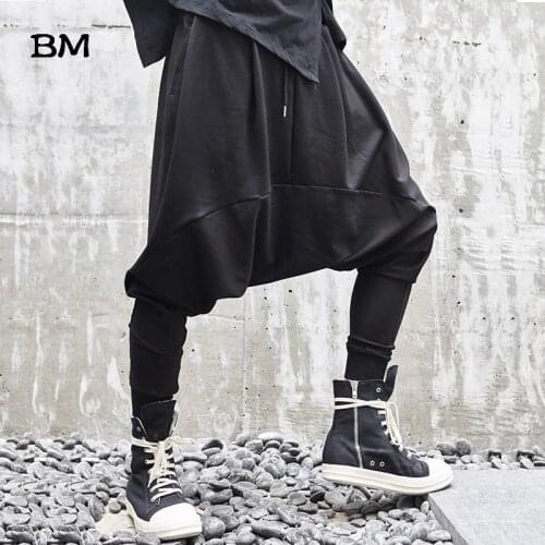 Men New Low Crotch Cross Casual Pant Japan Streetwear Loose Hip Hop Dark Black Harem Trouser Punk Gothic Male Jogger Pants