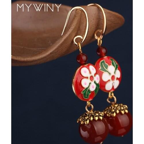 MYWINY New fashion jewelry jewelry Cloisonne flowers earrings women, Chinese wind nature stones earring red