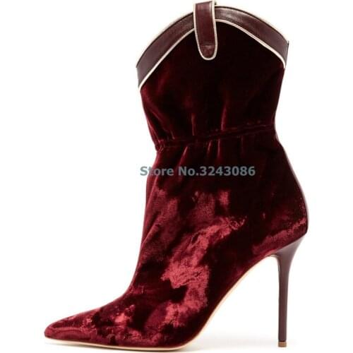 New Arrival Red Velvet Pointed Toe Drawstring Thin High Heel Boots White Faux Sheepskin Sewing Silp On Ankle Boots Mujer Casual