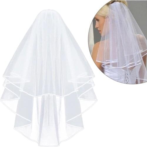 Simple and Elegent Wedding Veil Bridal Tulle Veils with Comb and Lace Ribbon Edge White Ivory