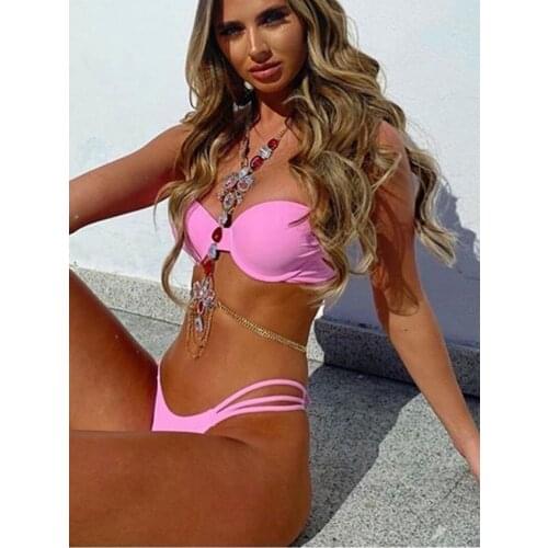 Luxury Sexy Bikini Swimsuit Women 2021 2 Piece Swimwear Push Up Bikini Set Diamond Chain Bathing Suit Bandeau Beachwear Bather