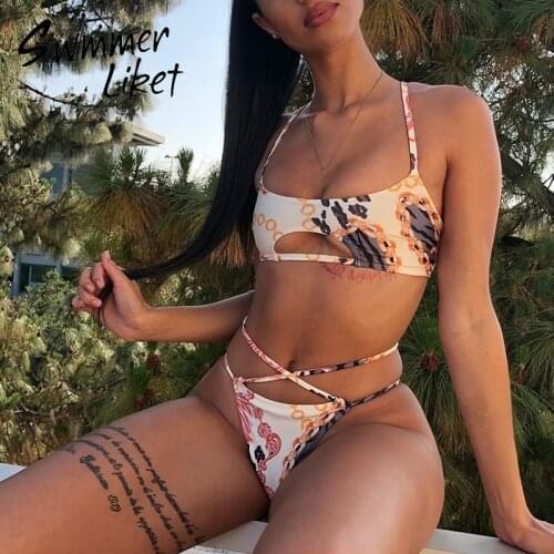 Sexy bikini women High cut swimsuit 2020 female Bandage swimwear Printed hollow bathing suit Brazilian bathers biquini Mujer