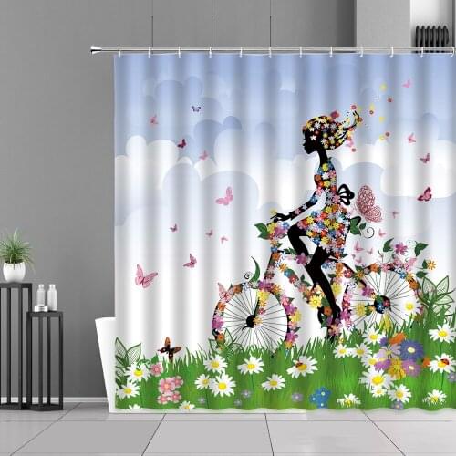 Cartoon African Girl Shower Curtain Bicycle Butterfly Girls Flowers Plants Scenery Waterproof Curtains Children Room Decor Gifts