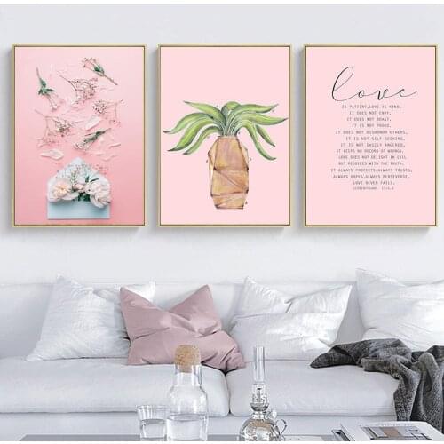Yumeart Nordic Minimalist Refresh Pink Flowers and Green Plants Canvas Paintings Poster Wall Art Pictures for Living Room Décor