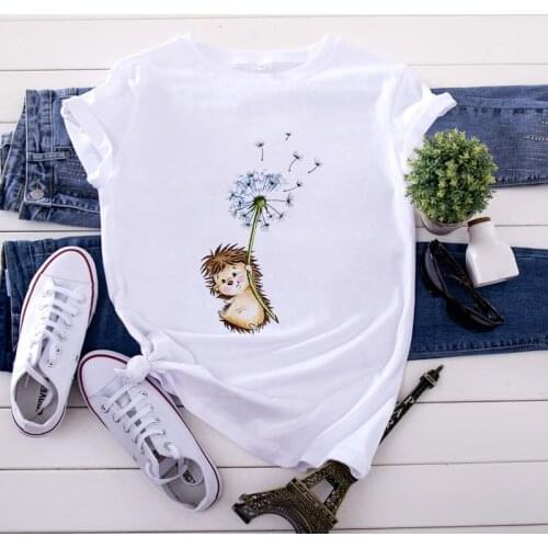 90S Girls T-shirt Cute Hedgehog Cartoon Fun Print women T shirt O-neck Short Sleeve t shirt female Summer Harajuku Tshirt Lady