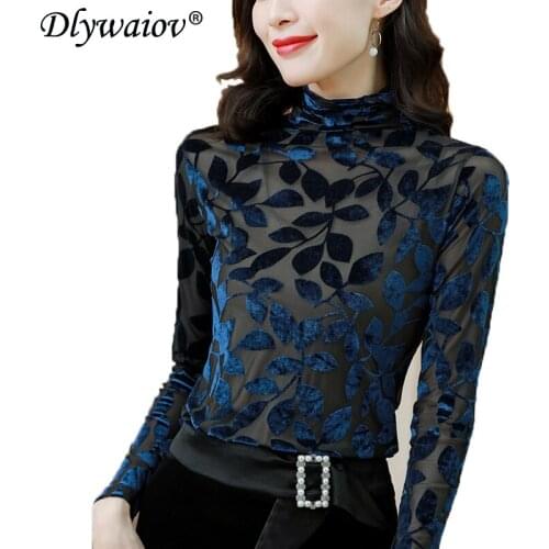 Bottoming T-shirt Women Turtleneck Tops Mesh Tshirt Autumn Winter Female Tee Shirt 2020 Flocking Leaves Fashion Clothes T Shirts