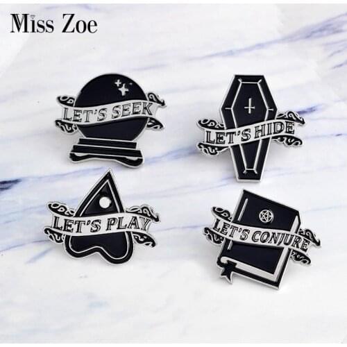 LETS SEEK HIDE PLAY CONJURE Enamel Pins Coffin Witch book Magic ball Badge Gothic Brooches Dark Jewelry Gifts for Women Men