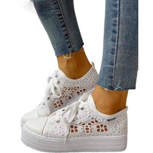 2021 Women Shoes Fashion Summer Casual White Shoes Cutouts Lace Canvas Hollow Breathable Platform Flat Shoes Woman Sneakers