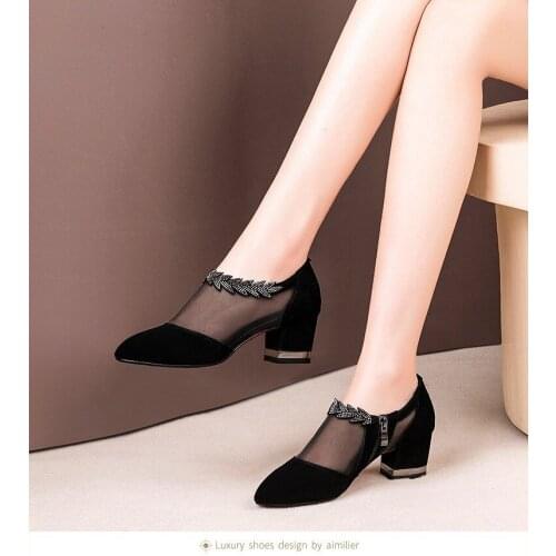 Women High Heel Shoes Mesh Breathable Pumps Zip Pointed Toe Thick Heels Fashion Female Dress Shoes Elegant Footwear New Sandals