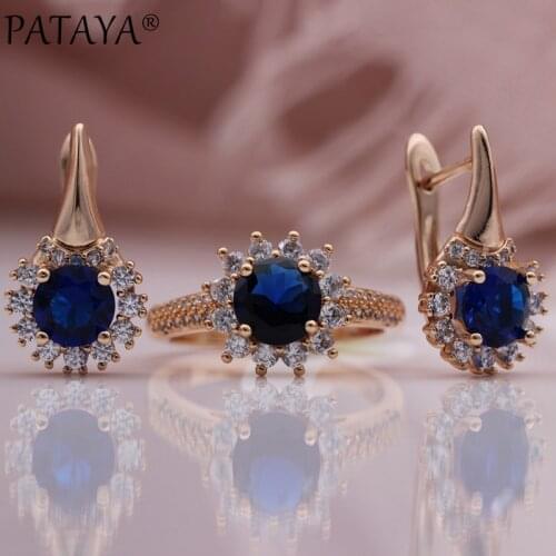 PATAYA New 585 Rose Gold Women Fashion Jewelry Set Wedding Gift Dark Blue Round Natural Zircon Sunflower Drop Earrings Ring Sets