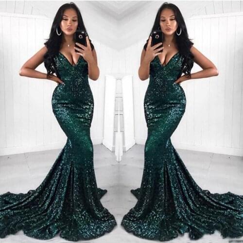 Sexy V-neck Dark Green Sequined Mermaid Prom Dresses 2020 Sweep Train Long Evening Dress hunter green dress vestidos de gala