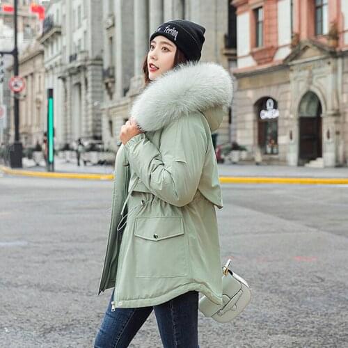 Wool Lining Women Coat Winter Korean Solid Parkas Hooded Fur Collar Long Sleeve Warm Cotton Padded Jacket Female Clothes G1383