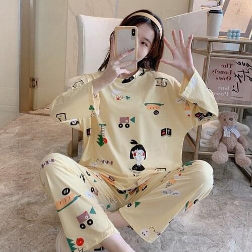 2020 Autumn Long Sleeve Loose Pajama Sets for Women Korean Print Sleepwear Suit Pyjamas Femme Homewear Pijama Mujer Home Clothes