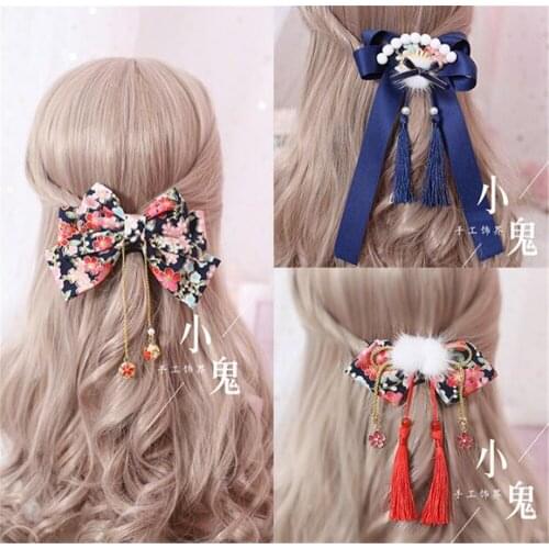 Retro Kimono Bathrobe blue Bow Headwear Accessories Lolita Cosplay Tassels Bowknot Side Clip Hairpin Hair hoop B558