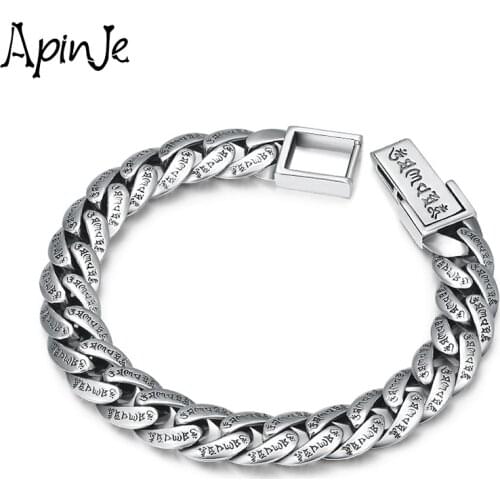 Apinje Vintage 925 Sterling Silver Bracelet for Men Six Words Mantra Gothic Punk Fashion Jewelry