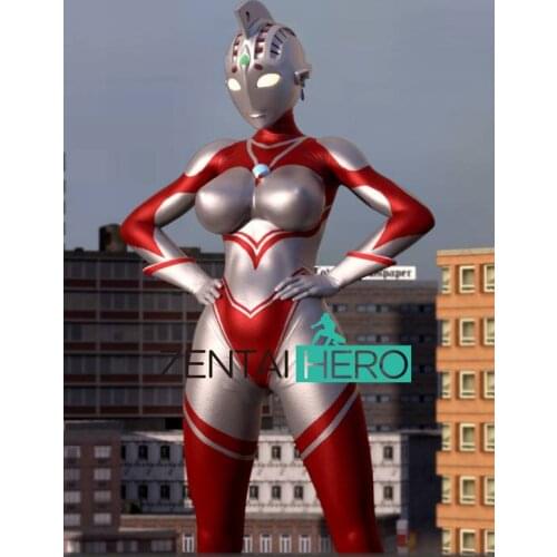 No Lamp! New Arrival Sexy Katia Ultra Lady Shiny Metallic Super Hero Zentai Bodysuit Red Silver Woman Gigalady Catsuit No Helmet