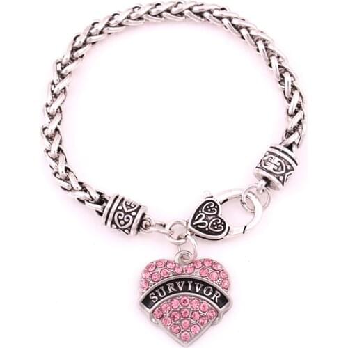 European & American Breast Cancer Awareness Crystal Heart Survivor Bracelet