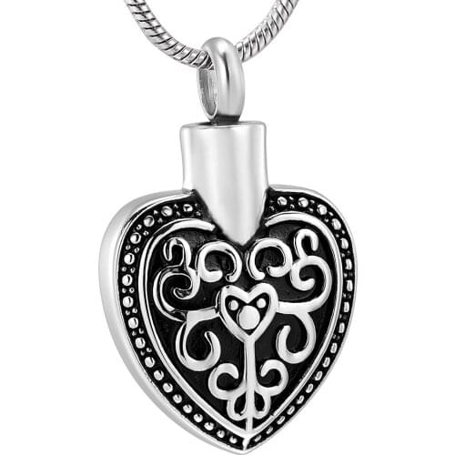 IJD12452 Heart Shape Stainless Steel Flower Engraved Cremation Urn Pendant Memorial Keepsake Necklace for Ashes Memorial Jewelry
