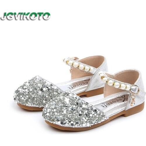 JGVIKOTO Princess Bling Shoes For Girls 1-11 Yrs Rhinestone Pearl Beaded Summer Sandals For Kids Wedding Dress Party Show Flats