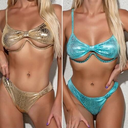 Hollow swimsuit 2021 swimming suit for women swimwear bikini Low waist ladies Steel prop Glitter fabric beachwear two piece set