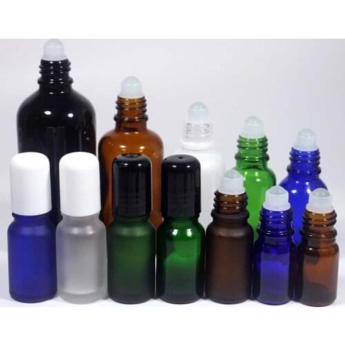 5ml~100ml frosted and glossy essential oil bottle blue,green,brown,pearl white glass bottle with black and white cap