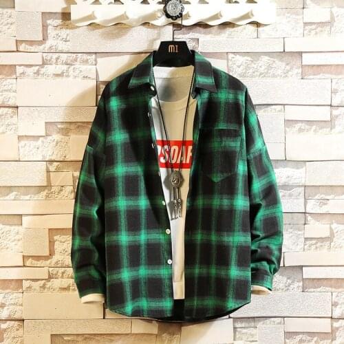 Men 's Loose Plaid Shirt Casual Jacket Student Shirt Plaid Long Sleeve Shirt Spring and Autumn Loose Color Matching Male Shirt