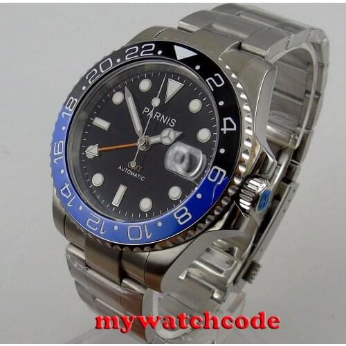 40mm Parnis black dial Sapphire glass GMT date window automatic mens watch P877