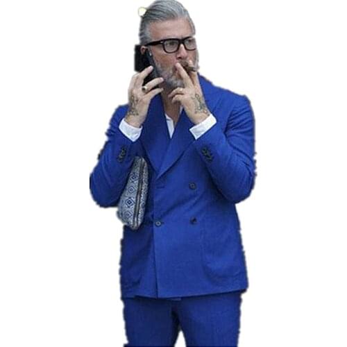 Latest Design Royal Blue Men Suits Double Breasted Groom Wedding Slim Fit Tuxedos Best Costume Homme 2 Pieces terno masculino