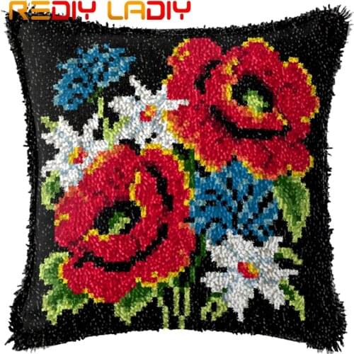 Latch Hook Cushion Poppies Flowers Pillow Case Pre-Printed Canvas Acrylic Yarn Latched Sofa Pillow Crochet Cushion Cover Kits