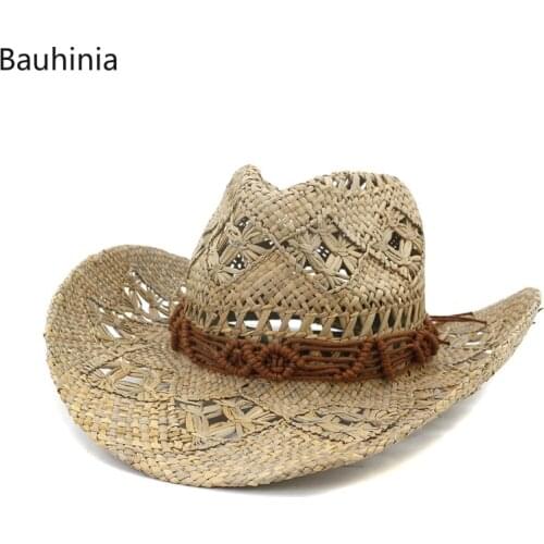 New Men Handmade Straw Sunhat Western Cowboy Summer Beach Cap Women Solid Sombrero de paja Hombres