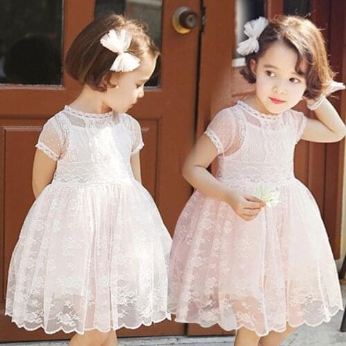 2020 Summer New Arrival Girls Short Sleeve Lace Children Clothing O-neck Solid Embellished Floral Lace Lolita Style Kids Dress