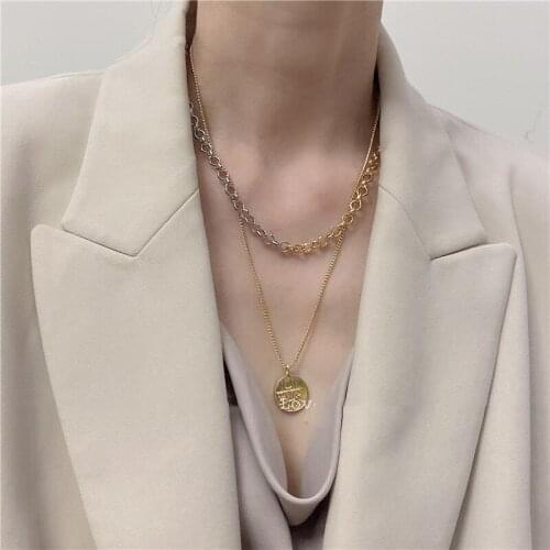 Origin Summer Double Layer Coin Medallion Pendant Necklace for Women Girls Delicate Chunky Chain Asymmetry Necklace Jewelry