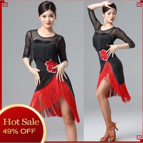 Classical Embroidery Latin Dance Dress Female Competition Clothes Sexy Mesh Rhinestone Tassel Samba Performance Dress DL4955