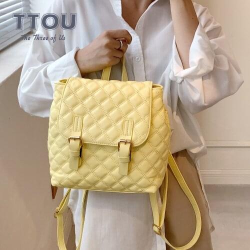 Lingge Pattern Solid Color PU Leather Backpacks for Women 2021 Fashion Female Brand Back Pack College Commuter Portable Handbag