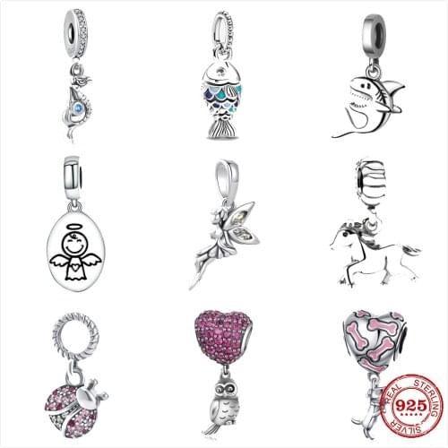 The new Silver Shiny Seahorse Flower Fairy Shark Owl Bluefish fit Pandora Charm Silver 925 Bead Bangle with stylish DIY jewelry